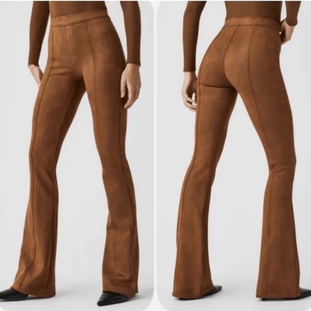 Spanx Faux Suede Flare Pants Women's Large‎ Rich Caramel Seamed Pull On 20323R